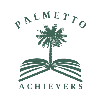 Palmetto Achievers name split top to bottom by a palmetto growing out of an open book